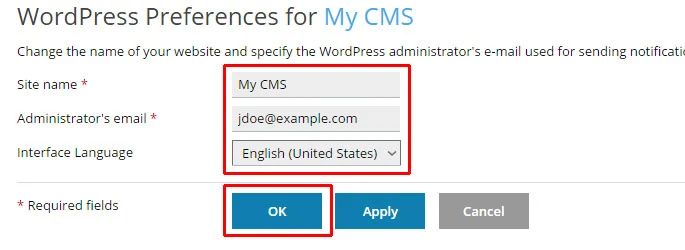 Fill out the desired new site name Fill out the desired new site name