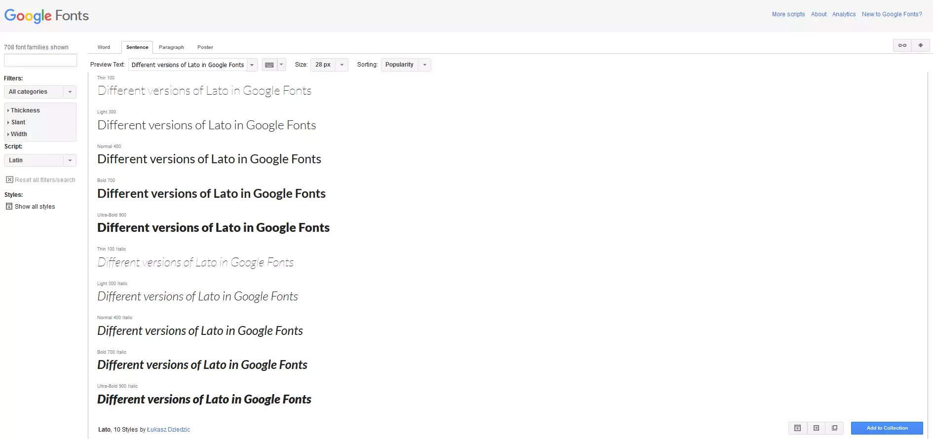 Image: Different versions of Lato in Google Fonts