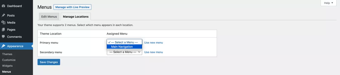 Image: Position for the WordPress menu in the backend