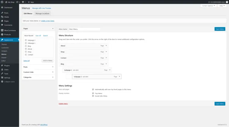 WooCommerce plugin: settings for the menu structure WooCommerce plugin: settings for the menu structure
