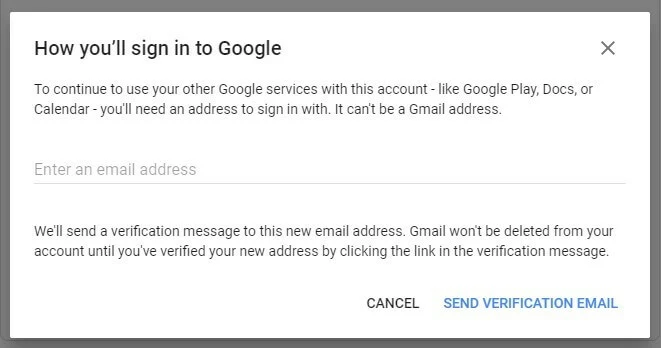 Image: Window for confirming the deletion process with a new email address