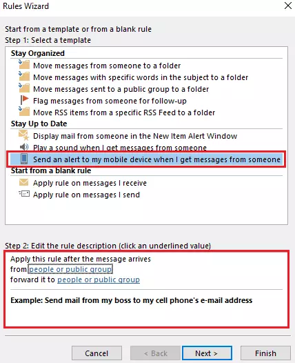 Outlook Rules Wizard: Selecting rule templates Outlook Rules Wizard: Selecting rule templates