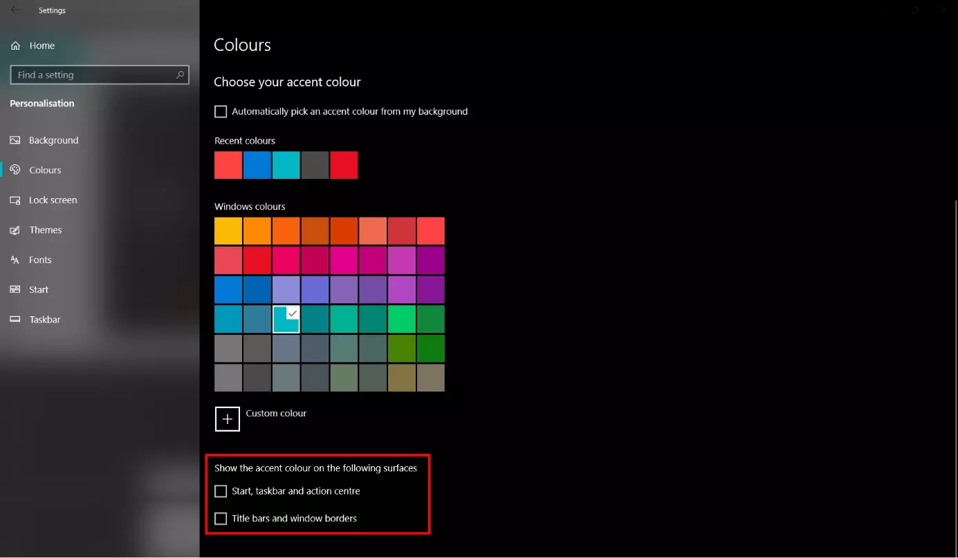 Image: Windows settings: Choose an accent color