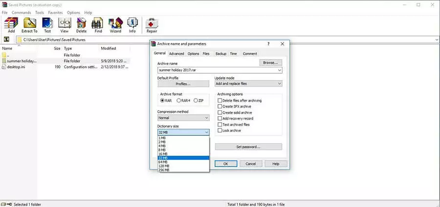 Image: The WinRAR user interface menu for setting archive names and archive parameters