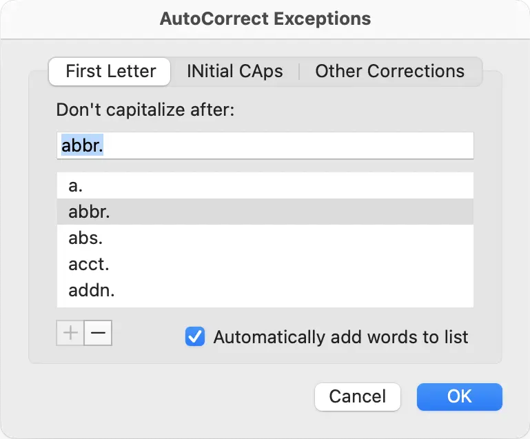 Outlook for Mac: AutoCorrect exceptions Image: Outlook for Mac: AutoCorrect exceptions