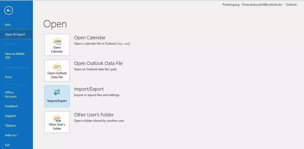 Submenu “Open & Export” in Outlook 2016 Submenu “Open & Export” in Outlook 2016