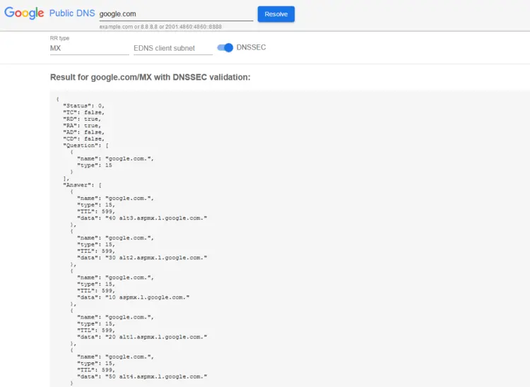 MX record check with Google’s Public DNS MX record check with Google’s Public DNS