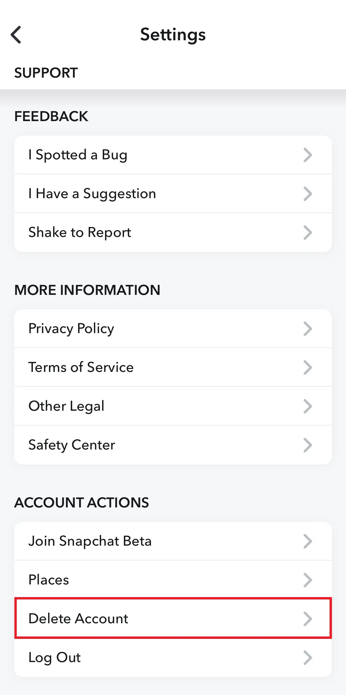Image: Account actions in Snapchat Settings