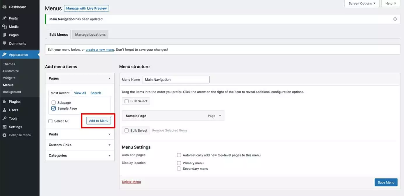 Image: Add menu items in WordPress backend