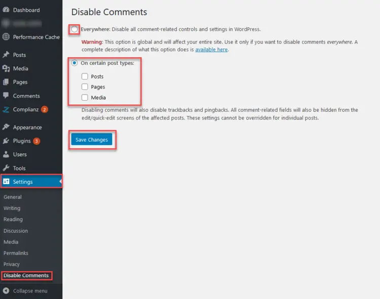 Backend of the “Disable Comments” plugin with settings for turning off comments Backend of the “Disable Comments” plugin with settings for turning off comments