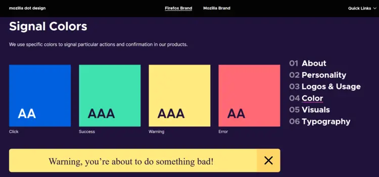 Screenshot of the color palette for signal colors in the style guide for the Firefox browser Screenshot of the color palette for signal colors in the style guide for the Firefox browser