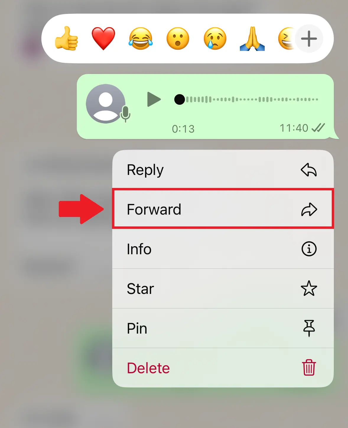 iPhone screenshot of the “Forward” option on WhatsApp Image: iPhone screenshot of the “Forward” option on WhatsApp