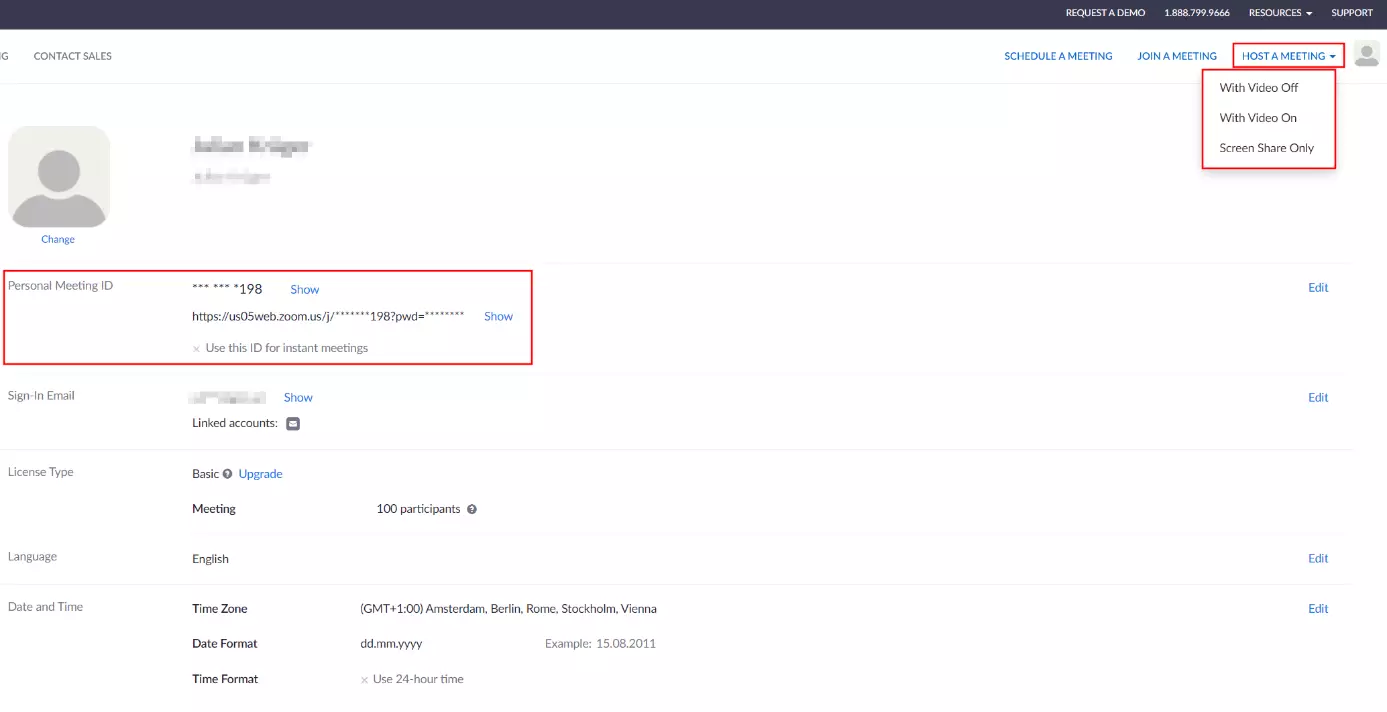 Image: Zoom account in the browser: User interface to “Host a Meeting”
