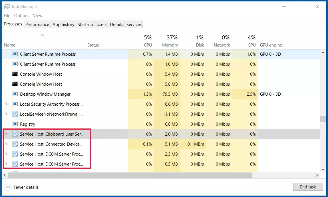 Image: Service host instances (svchost.exe) in the Windows 10 Task Manager