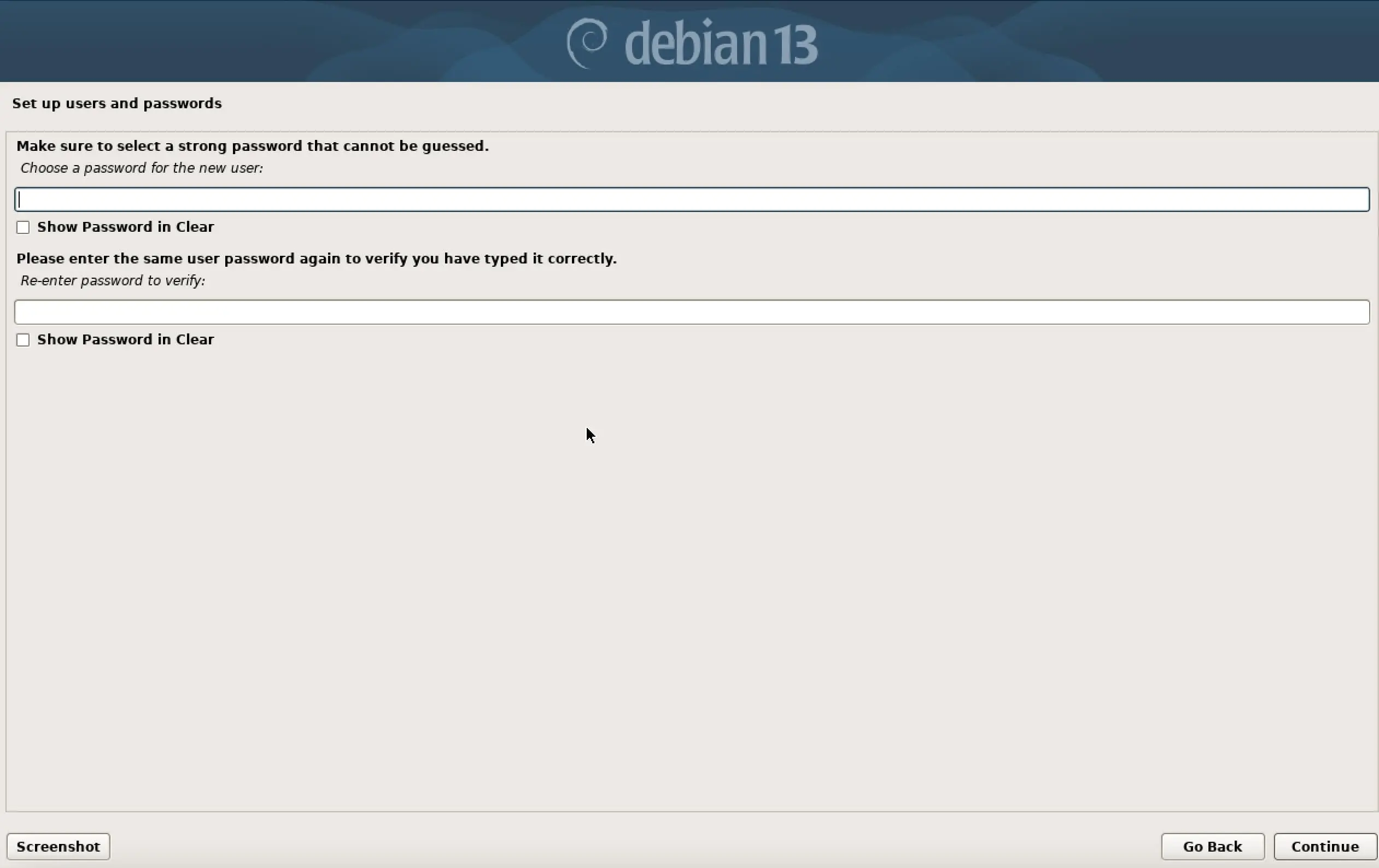 Image: Screenshot of Debian 13 installation: Set Password for User