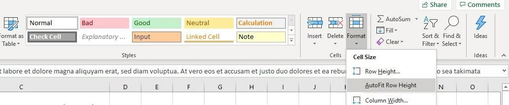 Image: “Format” menu option on the “Home” tab in Excel