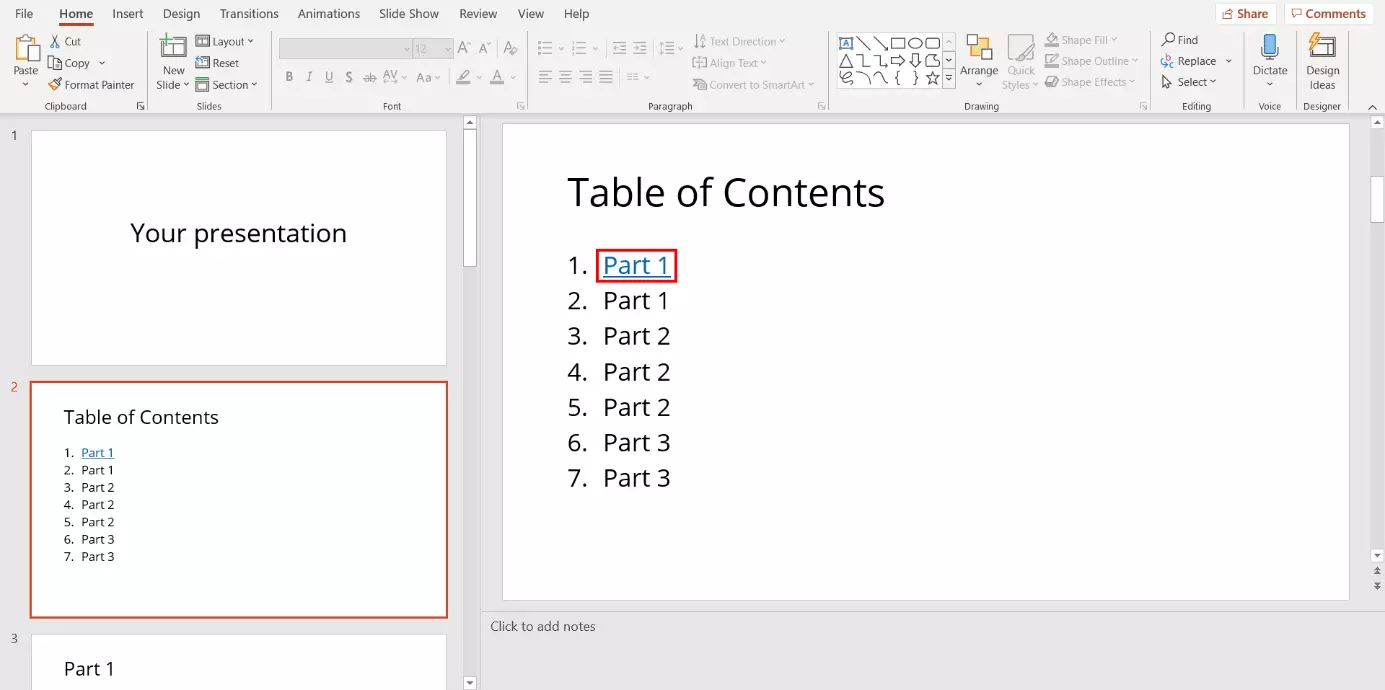Image: Linking a PowerPoint table of contents: standard hyperlink