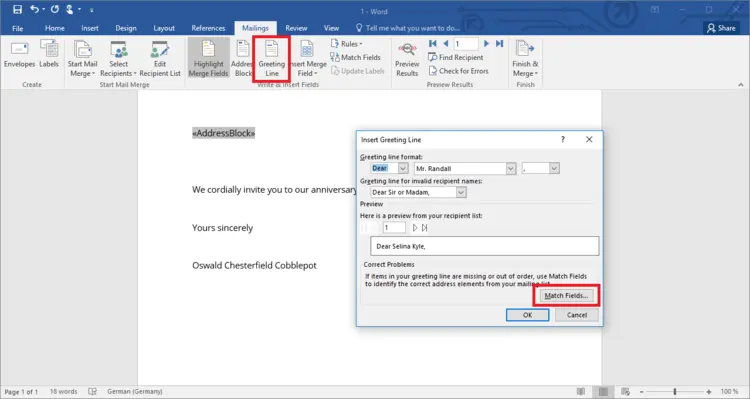 Greeting Line dialog box for configuring a mail merge document in Word Greeting Line dialog box for configuring a mail merge document in Word