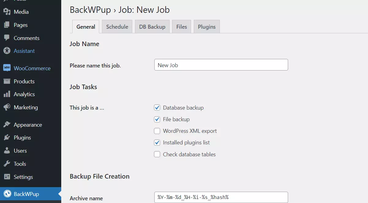 Image: BackWPup in the WordPress backend
