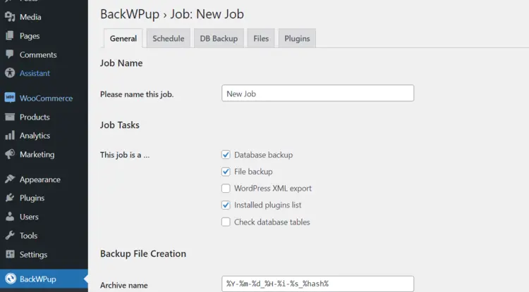 BackWPup in the WordPress backend BackWPup in the WordPress backend