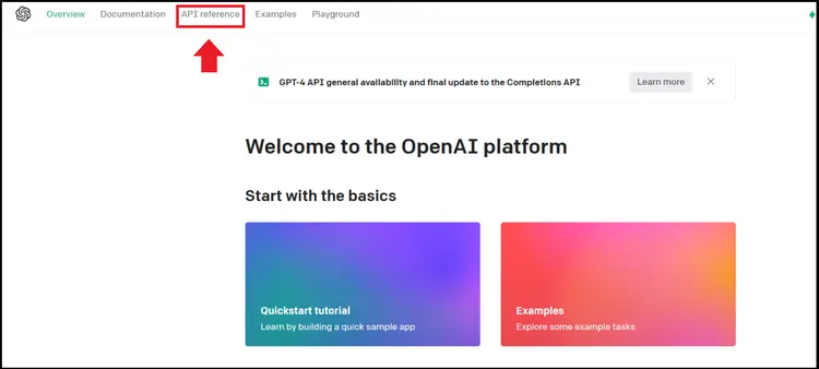 The item “API reference” in the OpenAI menu The item “API reference” in the OpenAI menu