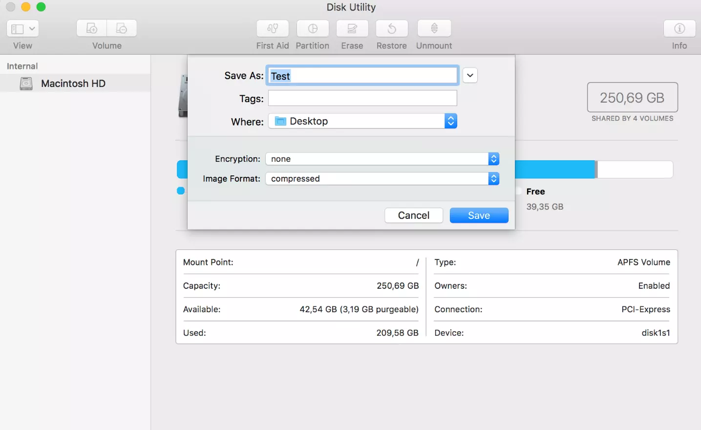 Image: The macOS hard drive service program: File name and save location