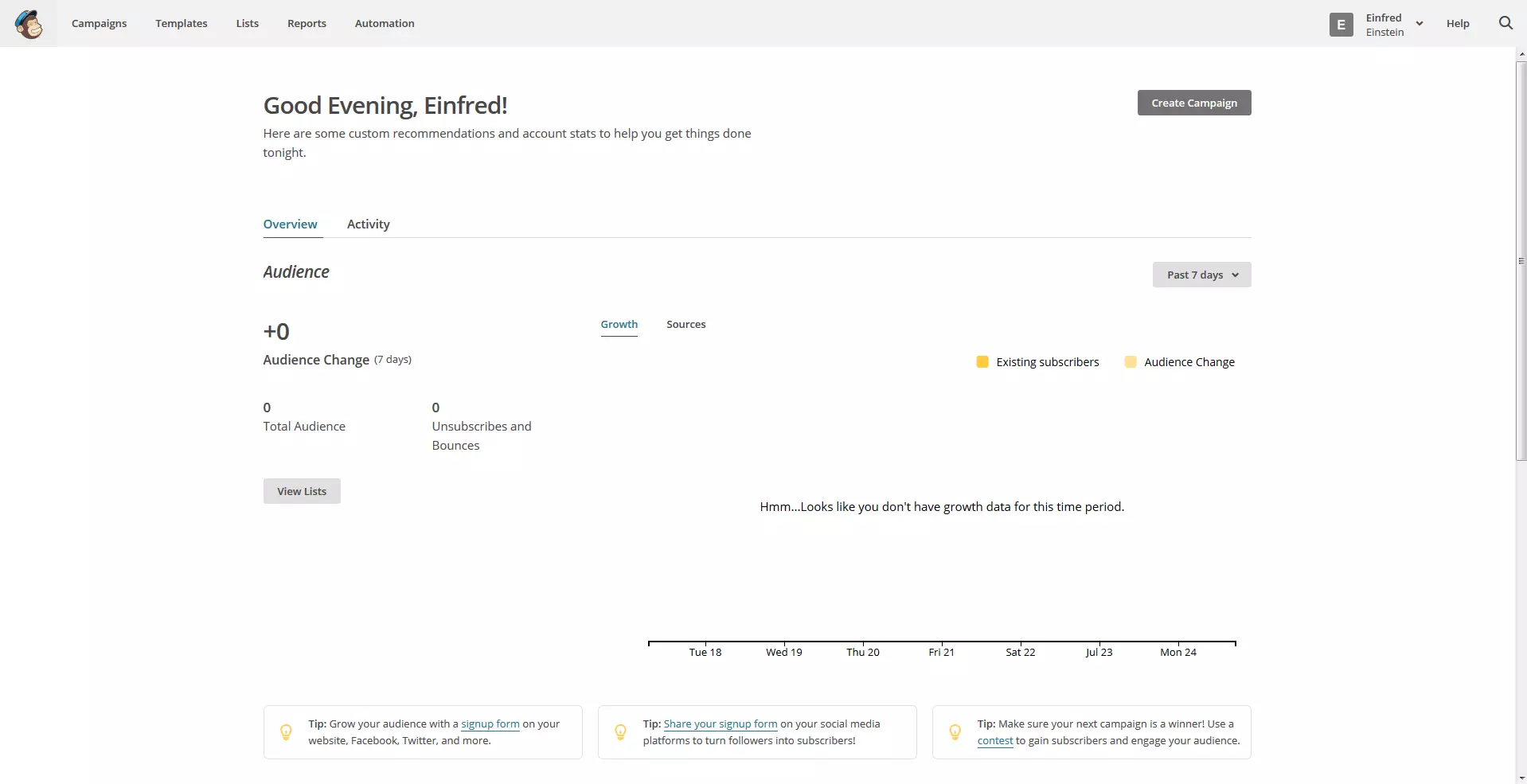Image: Overview page of MailChimp