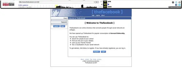 Thefacebook log-in page from February 12th, 2004 in the Wayback Machine Thefacebook log-in page from February 12th, 2004 in the Wayback Machine