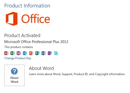 Screenshot of the product information overview in Microsoft Office Screenshot of the product information overview in Microsoft Office
