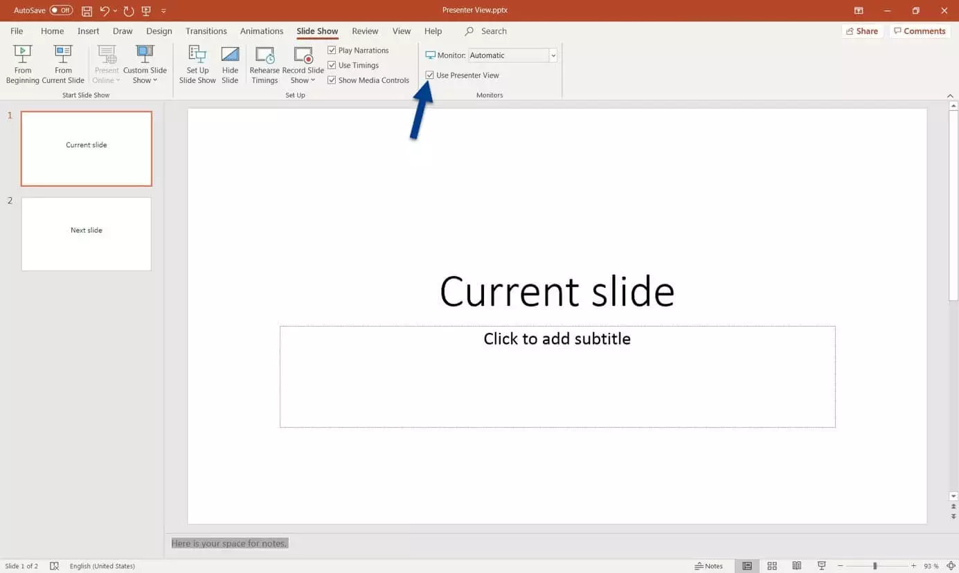 Image: Options for PowerPoint Presenter view