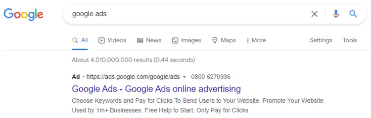 A Google advert for Google Ads on the Google SERP A Google advert for Google Ads on the Google SERP