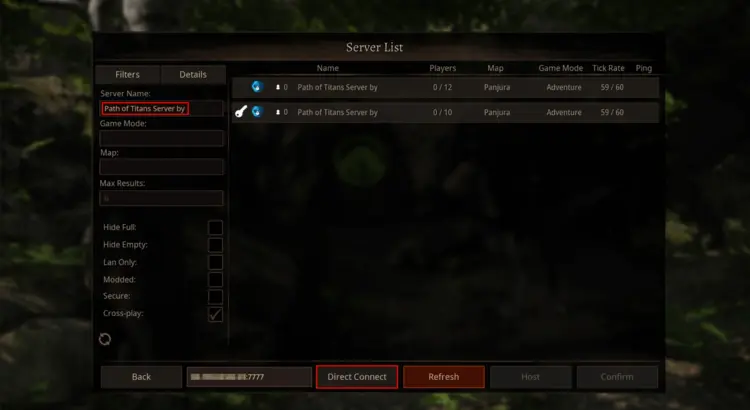 Screenshot of the Path of Titans server options menu Screenshot of the Path of Titans server options menu