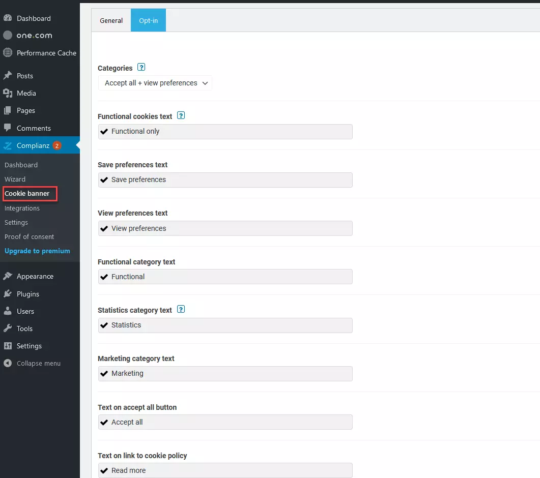 Image: Complianz: Settings options cookie banner