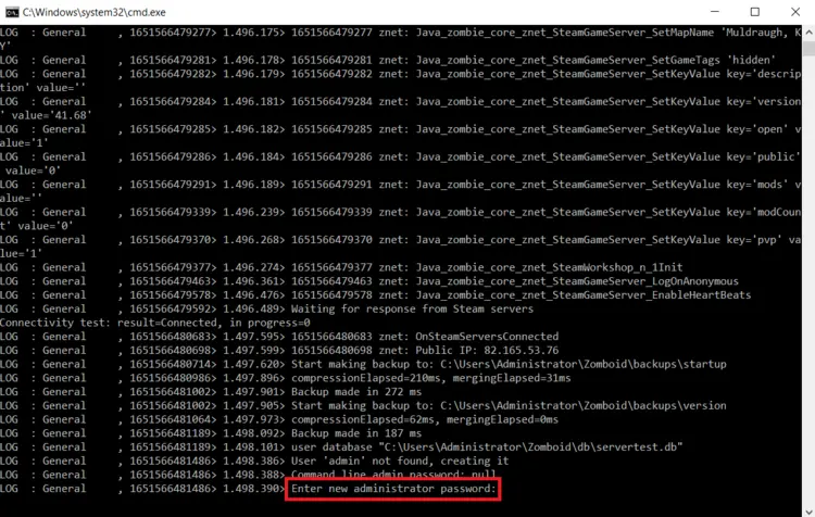 Startup process of the Project Zomboid server in the command line Startup process of the Project Zomboid server in the command line