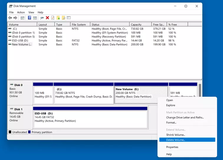 Image: Delete volume in Windows 11 Disk Management
