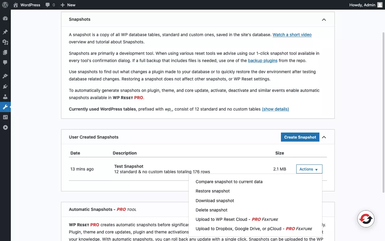 Image: Screenshot of the snapshot page of the “WP Reset” plugin with snapshot operations