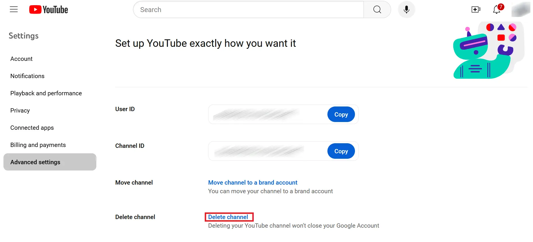 Image: “Delete channel” in “Advanced settings” in YouTube