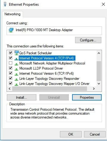 Image: Ethernet properties on Windows 10