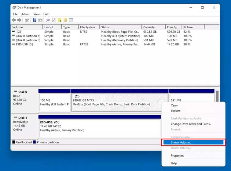 Image: Shrink Volume in Windows 11