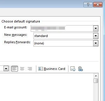 Screenshot of the signature settings in Microsoft Outlook – drop-down buttons for the selection of standard signatures Screenshot of the signature settings in Microsoft Outlook – drop-down buttons for the selection of standard signatures