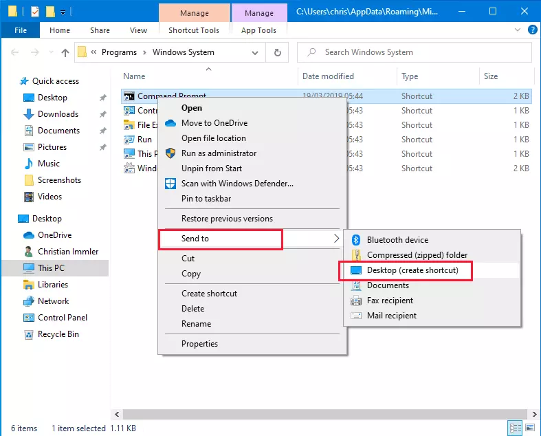 Image: Command Prompt: creating a desktop shortcut