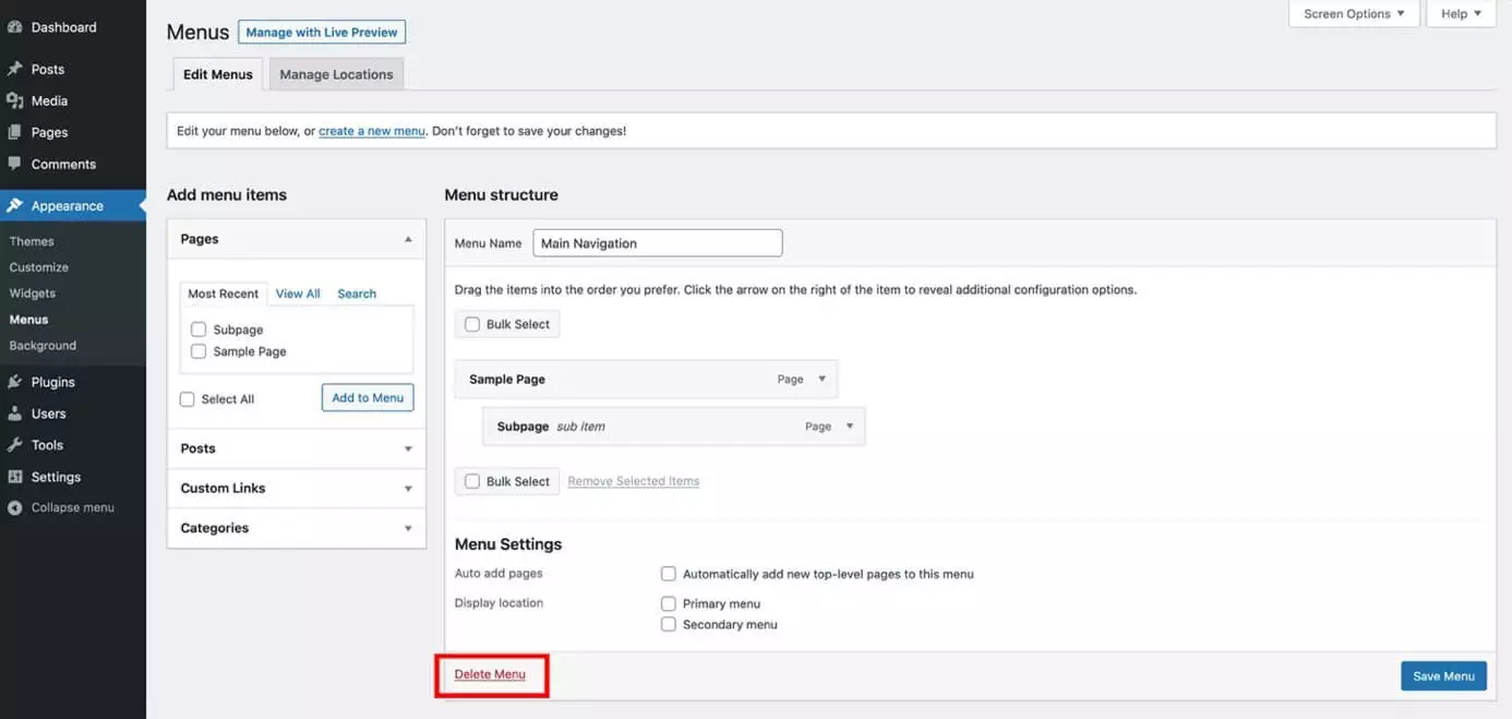 Image: Delete WordPress menu in backend