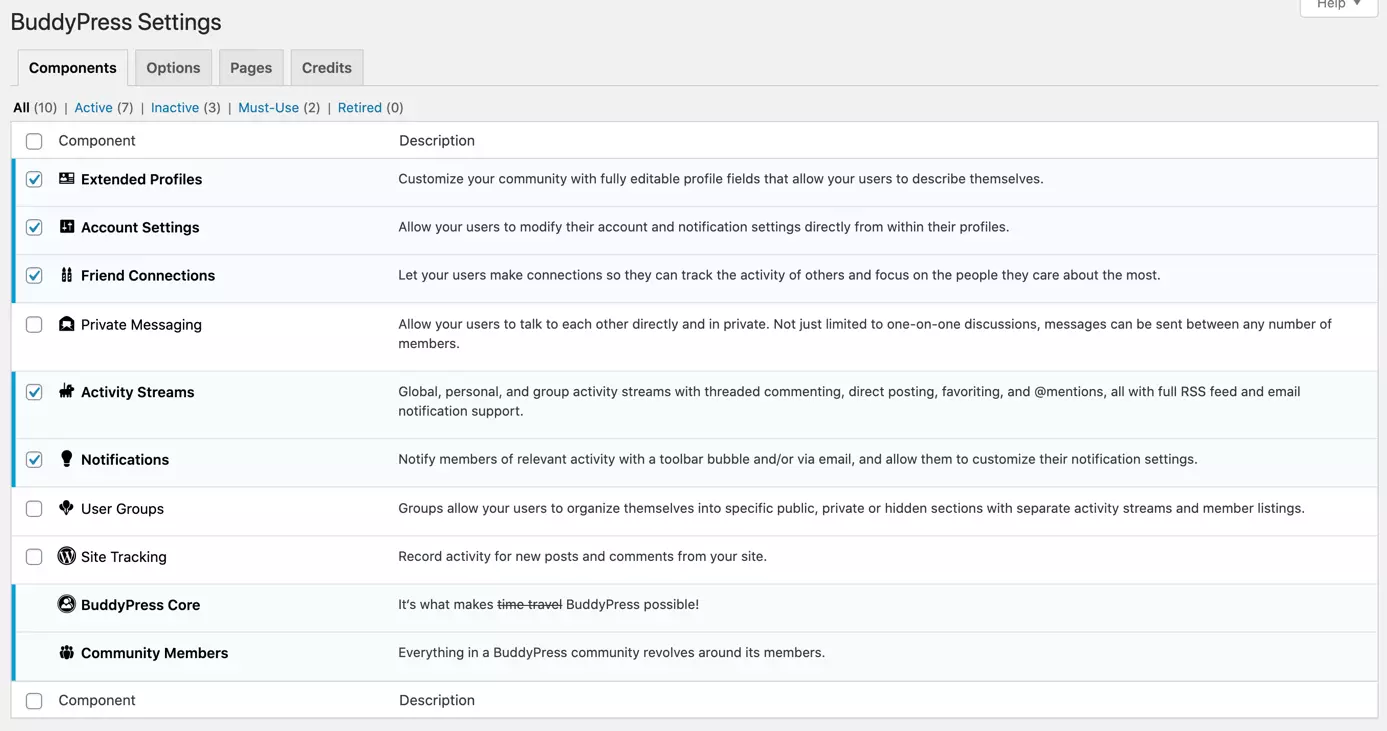 Image: BuddyPress settings in the WordPress admin area