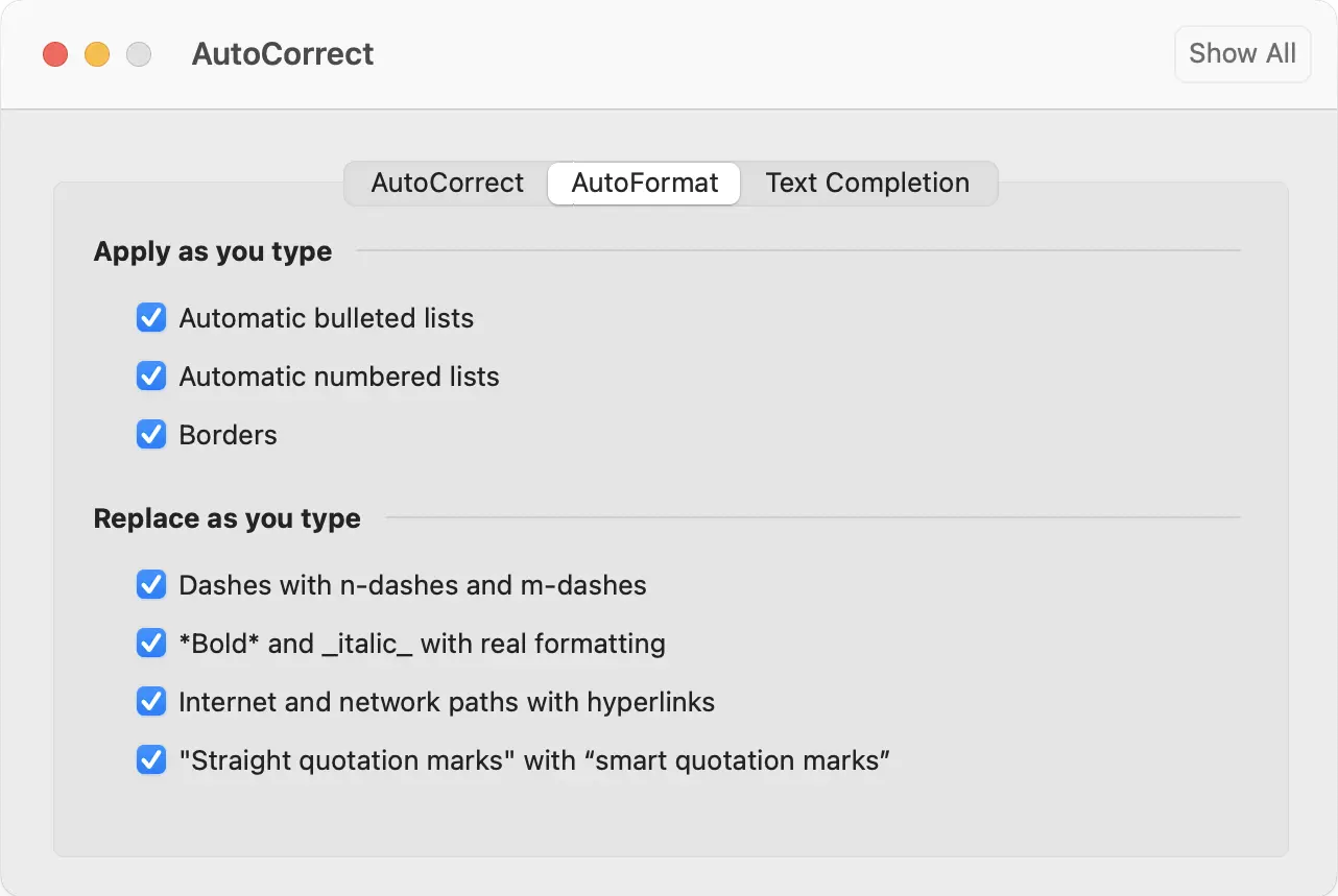 Outlook for Mac: AutoFormat options Image: Outlook for Mac: AutoFormat options