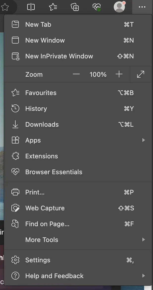 Image: Screenshot of the drop-down menu where the Settings option is located