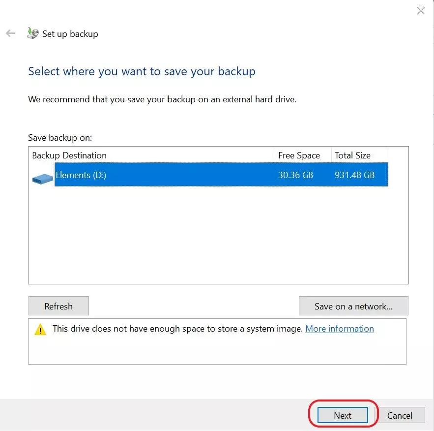 Image: Selecting a location for the Windows 10 backup