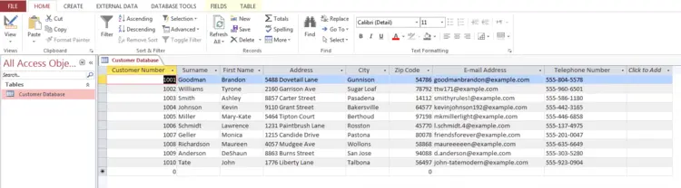 Example of a customer database in Microsoft Access Example of a customer database in Microsoft Access