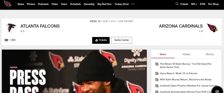 Screenshot of the Arizona Cardinals website Screenshot of the Arizona Cardinals website