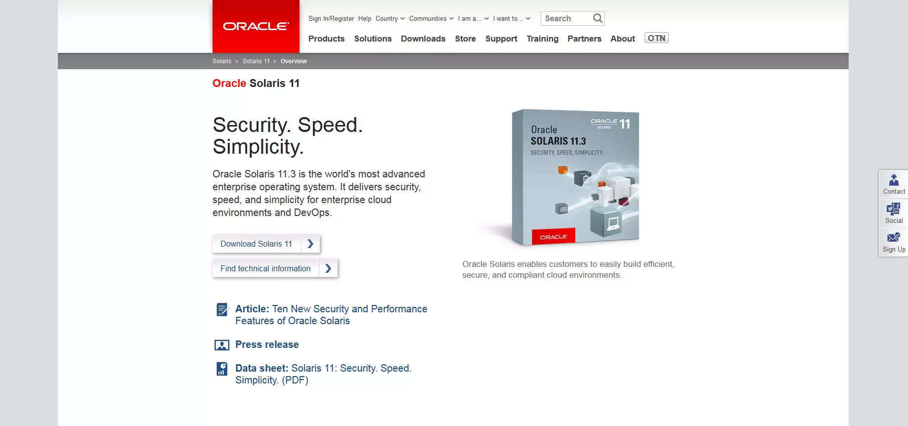 Image: The product page of Oracle Solaris 11