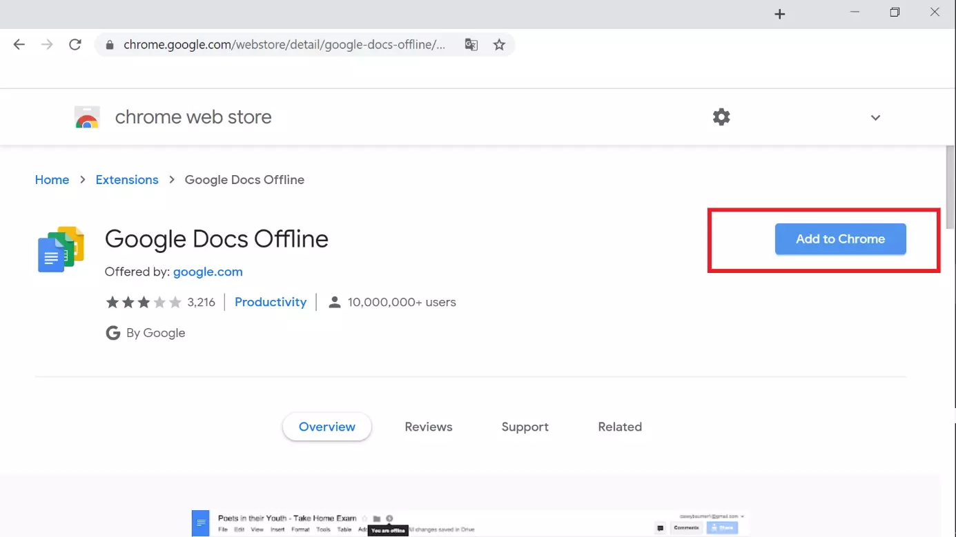 Image: Chrome Web Store: button to add the Google Docs Offline extension